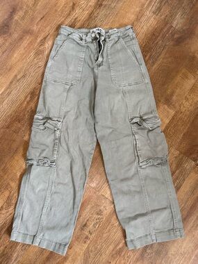 PTCL High-Waist Baggy Wide-Leg Utility Cargo Jean Cotton Pants Olive Green